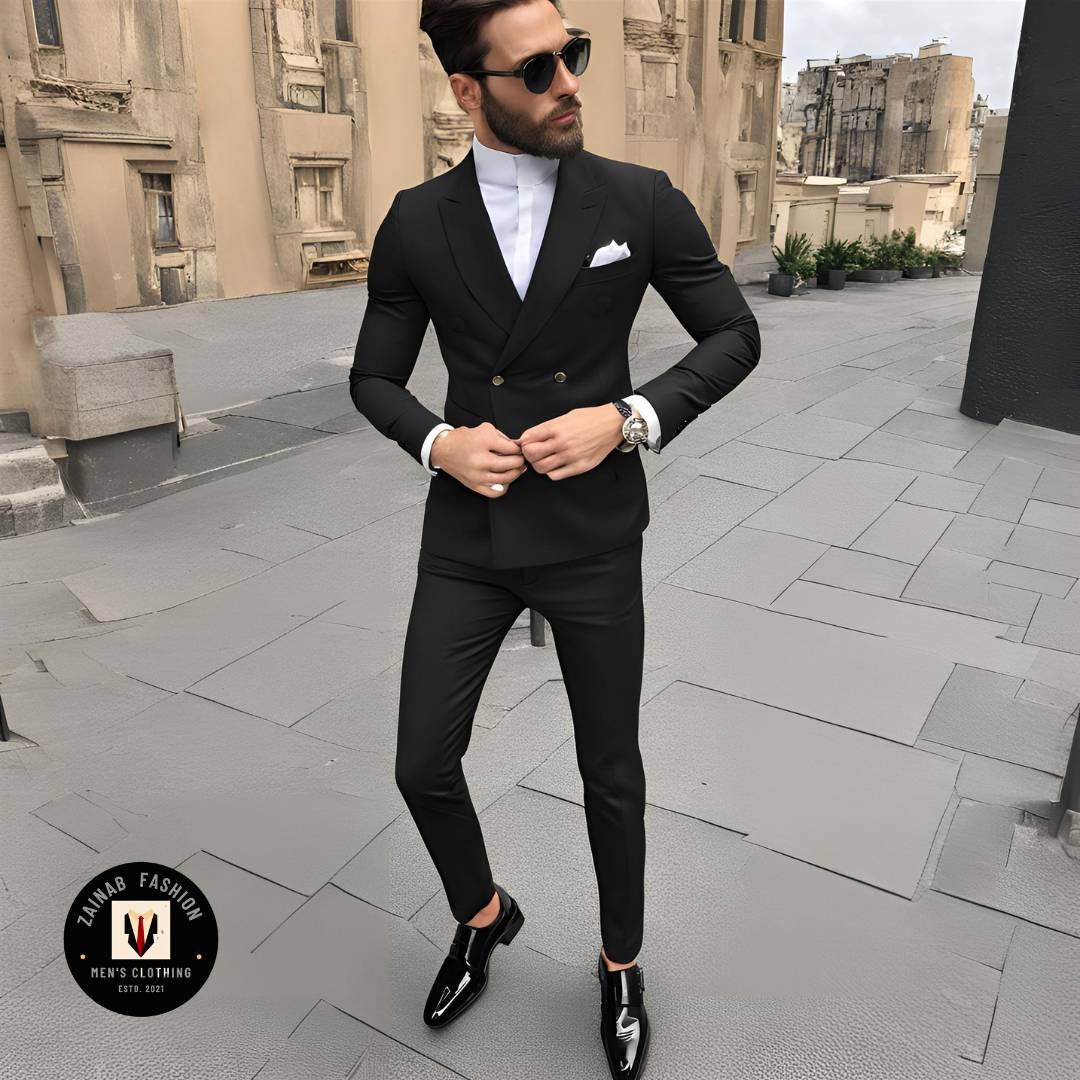 スーツ Double-breasted setup & shirt & tie Black Double Breasted Suit: Formal Elegant 2 Piece Attire - Etsy