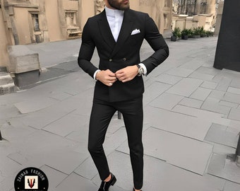 黒のダブルブレストスーツ 結婚式 ディナーパーティー スーツ 彼への