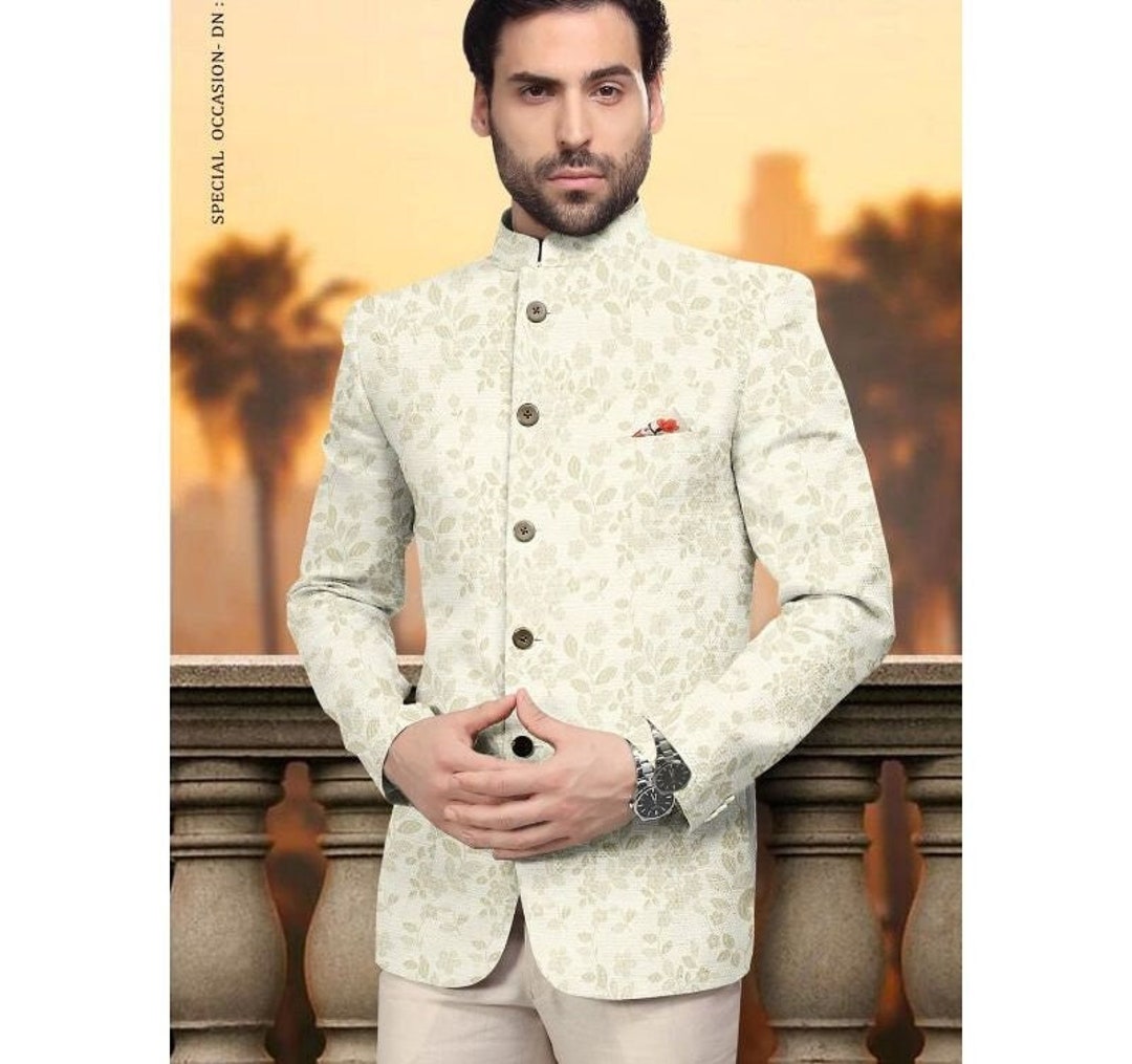 Luxury Men Ethnic Designer Jodhpuri 2 Piece Ivory Floral Cream Etsy