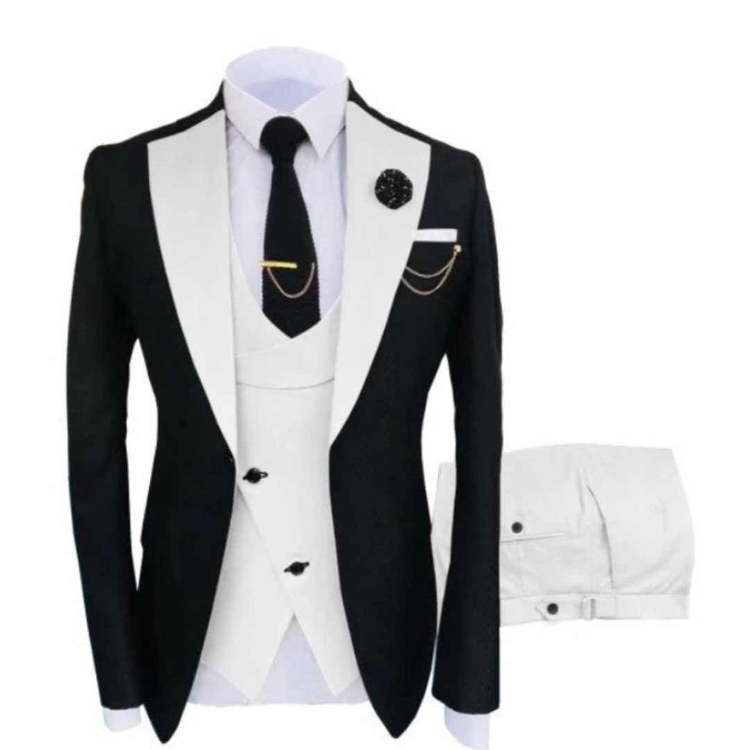 Men Suits 3 Piece Designer Tuxedo Black and White Stylish Suits Wedding