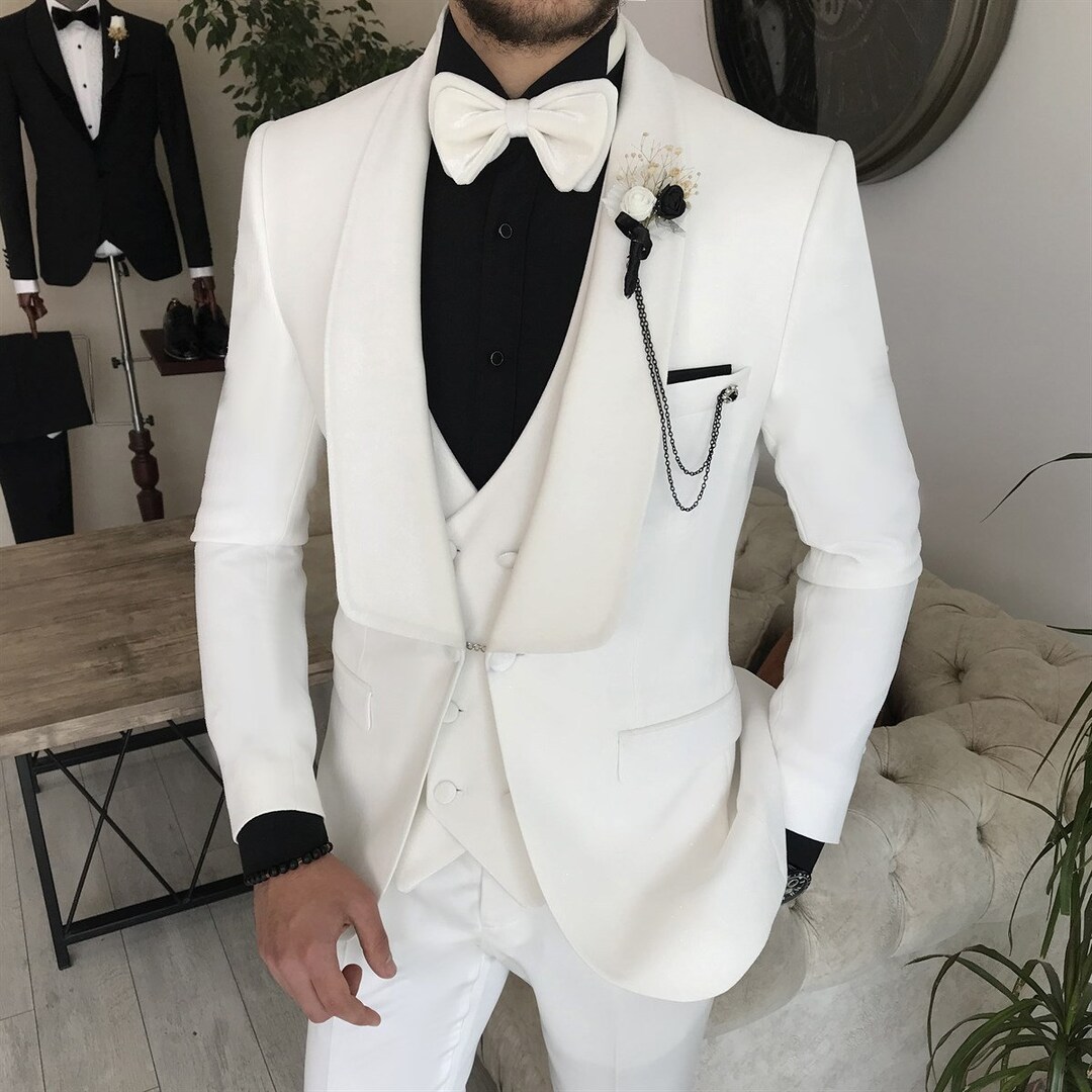 Luxury Men Suits White 3 Square Lapel Piece Slim Fit Elegant Etsy