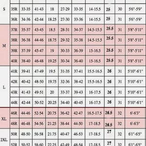 May include: A size chart for a jacket with measurements in inches for chest, over arm, shoulder, waist, hip, neck, sleeve, length, and height.