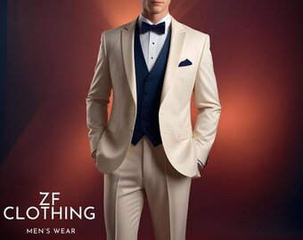 May include: A cream-colored suit with a navy blue vest, bow tie, and pocket square. The suit jacket has a two-button closure. The image also displays the text "ZF CLOTHING MEN'S WEAR".