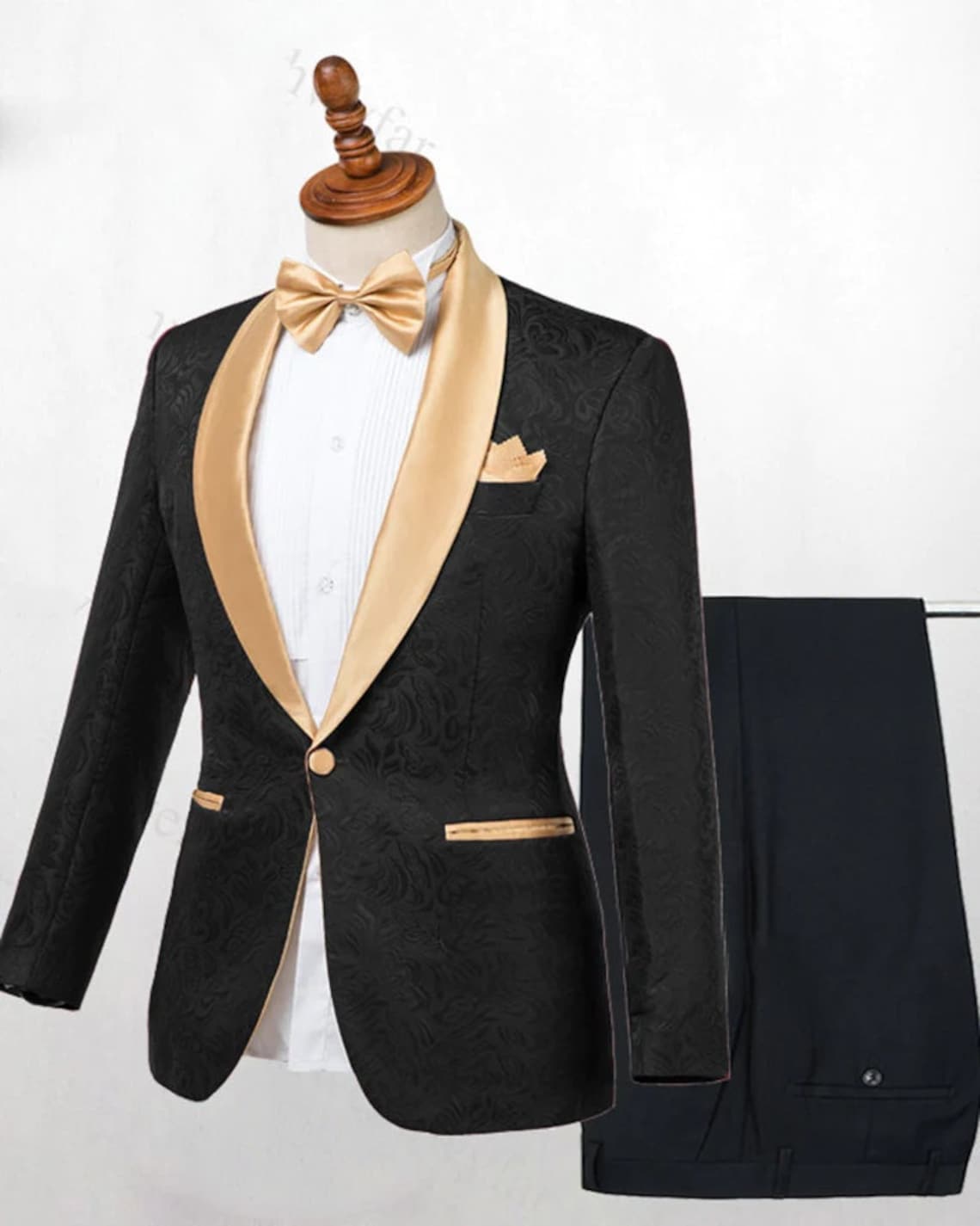 Designer Tuxedo Men Suits 3 Piece Black Floral And Gold Style image 1