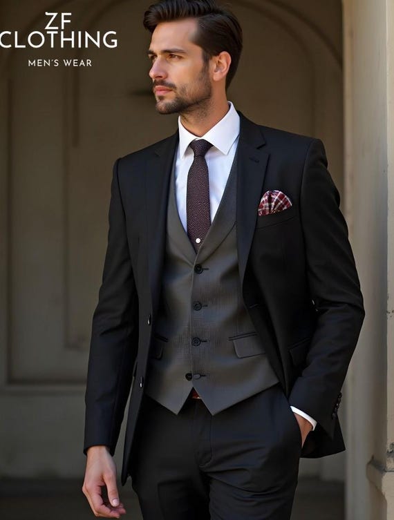Black 3-piece Suit: Luxury Tailored Fit, Grey Vest - Etsy