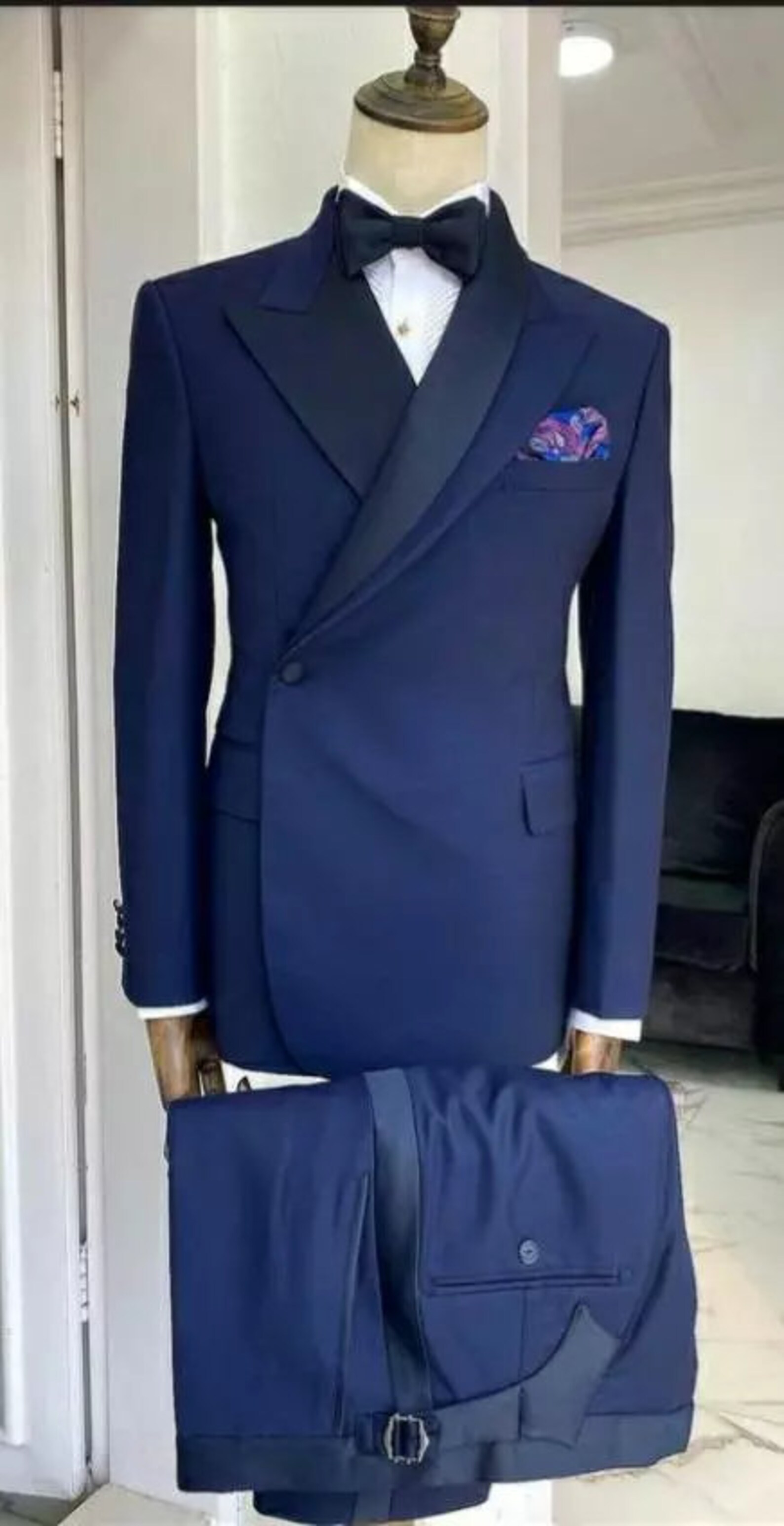 Designer Tuxedo Men Suits 2 Piece Navy Blue Stiped Pants Style Etsy