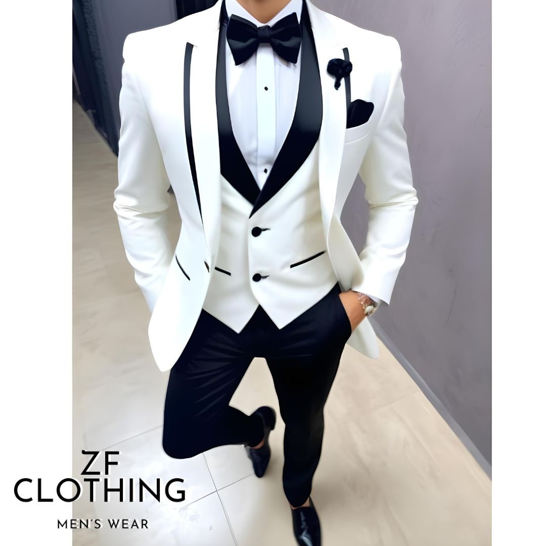 Mens white suit jacket with black trim hot sale