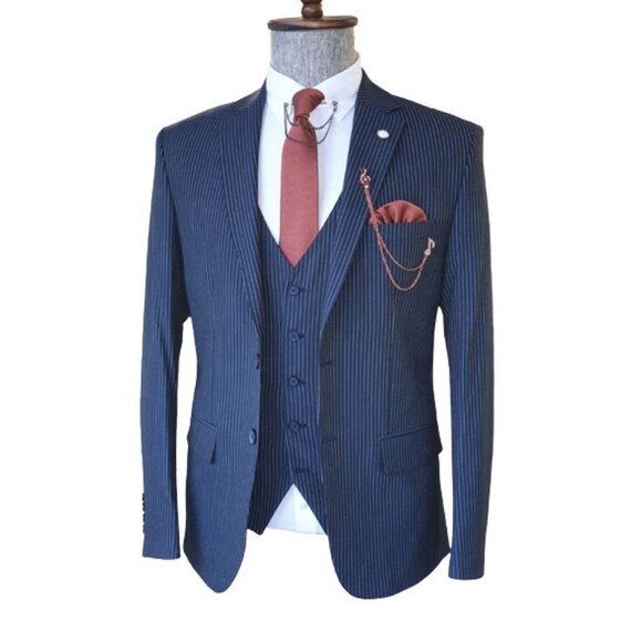 Men Suits Blue 3 Piece Striped Slim Fit Elegant Formal Fashion Suits Groom  Wedding Suits Party Wear Dinner Suit Stylish Suit Bespoke for Men 