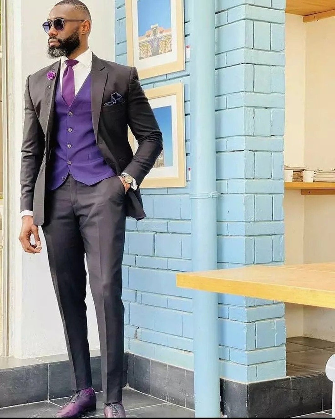 Designer Tuxedo Men Suits 3 Piece Black and Purple Vest Style Suits Wedding Party Suits Elegant