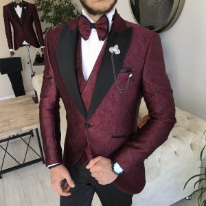Luxury Designer Tuxedo Men Suits 3 Piece Burgundy Floral Style - Etsy