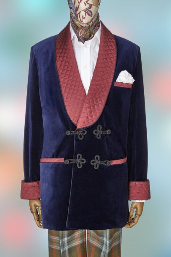 Men Smoking Jacket Navy Blue Velvet Satin Quilted Blazer Dinner