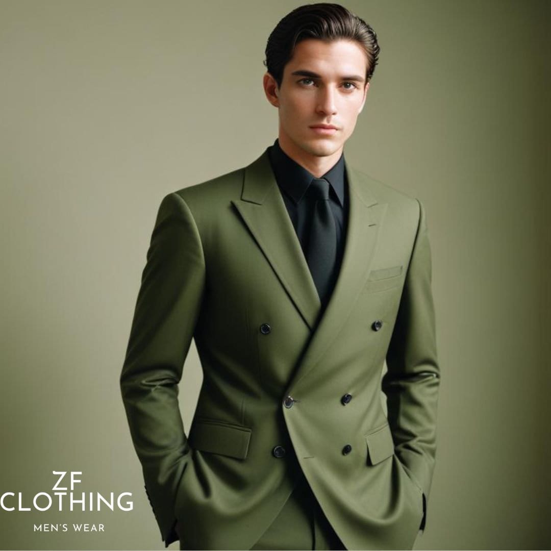 Men'S Olive Green Double Breasted Suits Side Vented Peak Lapel Suit - 6 On 3 Buttons Unique Style With Pleated Pants
