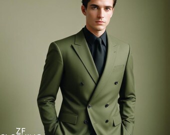 オリーブグリーン ダブルブレストスーツ オリーブグリーンのダブルブレストスーツ：テーラードフィットの