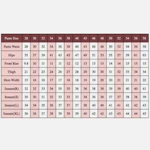 K&ouml;nnte beinhalten: Eine Tabelle mit den Hosen Gr&ouml;&szlig;enangaben in Zoll f&uuml;r Taille, H&uuml;fte, Schritt, Oberschenkel, Saumweite und Innenbeinl&auml;nge. Die Innenbeinl&auml;ngen sind f&uuml;r regul&auml;re, kurze, lange und extra lange Innenbeinl&auml;ngen angegeben.