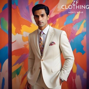 Puede incluir: Un hombre lleva una chaqueta de traje beige claro y pantalones a juego. Lleva una camisa blanca con una corbata de estampado colorido y un pa&ntilde;uelo de bolsillo. El fondo es una pintura abstracta colorida con el texto "ZF CLOTHING MEN'S WEAR".