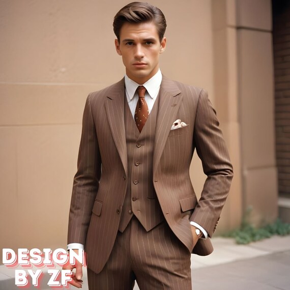 Abiti da uomo Abiti da uomo formali eleganti eleganti a righe marroni in 3 pezzi Abbigliamento formale classico Abito su misura Su misura per uomo ZF Etsy Italia