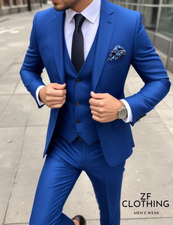 Men's Dark Blue Wool 3-piece Suit: Classic Formal Tweed - Etsy