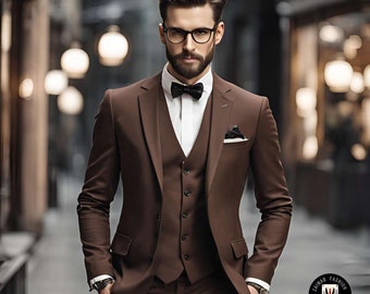 Men Suits Designer Dark Brown 3 Piece Slim Fit Elegant Formal Fashion Suit Groom Wedding Stylish Suit Bespoke For Men