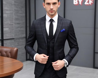 Black Plaid Tweed Men's Suit: Slim Fit 3-Piece Formal Wedding Suit