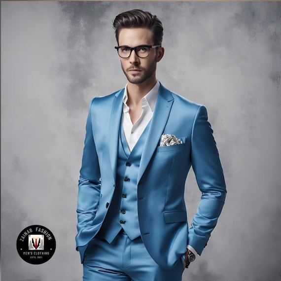 Traje moderno y elegante de 3 piezas de seda azul cielo para hombre Elegante a medida y versatil Traje a medida A medida para hombres ZF Etsy Espana