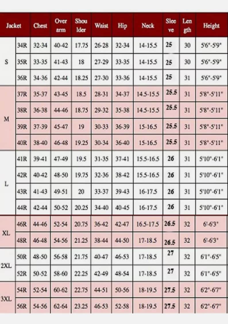 Puede incluir: Una tabla de tallas para una chaqueta con medidas en pulgadas para el pecho, la longitud del brazo, el hombro, la cintura, la cadera, el cuello, la manga, la longitud y la altura.