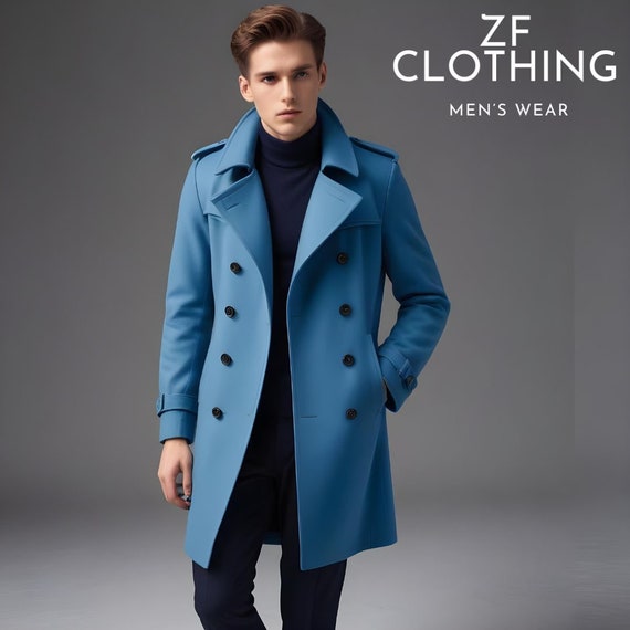 Men s Stylish Trench Coat Sky Blue Wool Double Breasted slim Fit Party Wear Coat Winter Wool Coat stylish Coat bespoke for Men ZF Etsy Canada