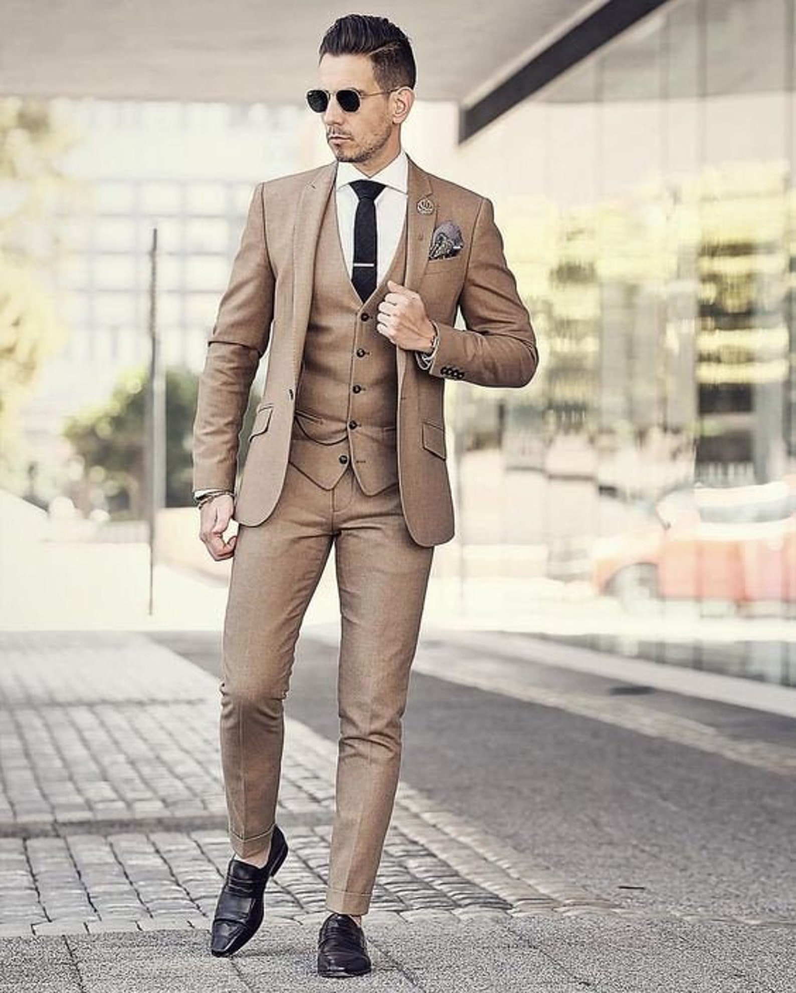 Herrenanzüge Braun 3 Stück Slim Fit Elegante Designer Anzüge Etsy