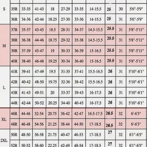 Puede incluir: Una tabla de tallas de chaquetas, que muestra las medidas de pecho, brazo, hombro, cintura, cadera, cuello, manga y largo en cent&iacute;metros, y altura en cent&iacute;metros. Tallas de la S a la 3XL.