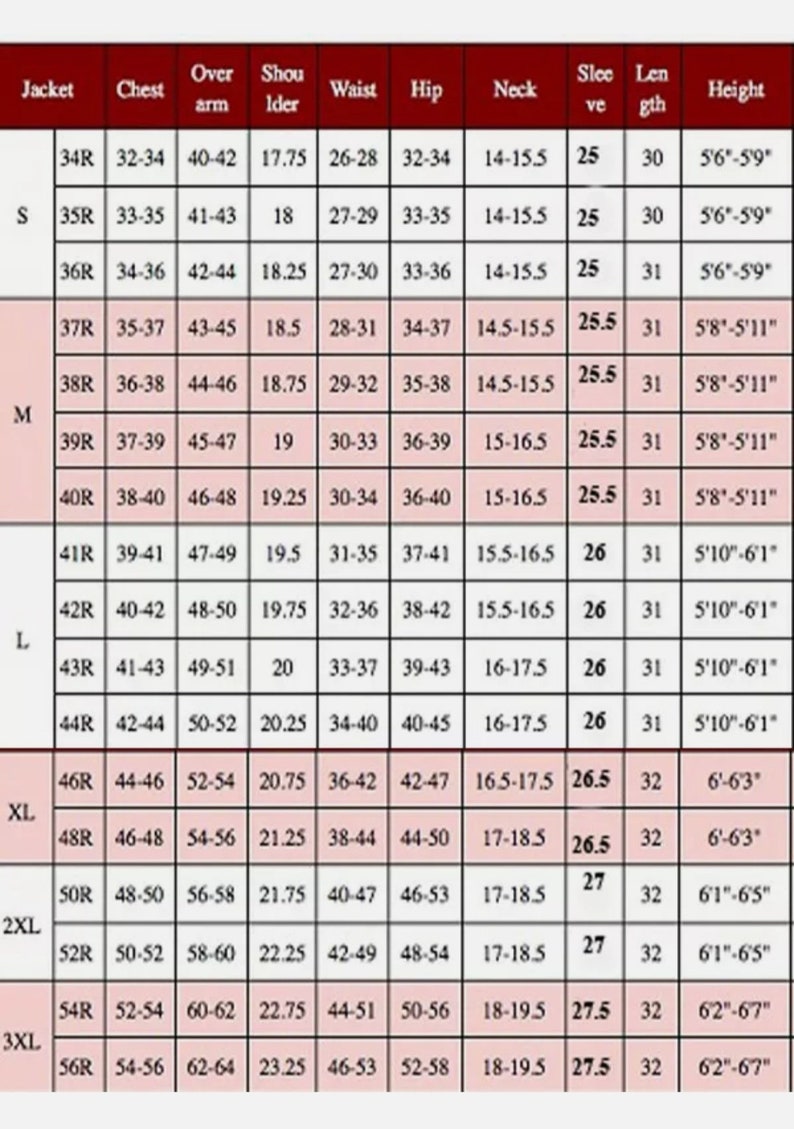 Puede incluir: Una tabla de tallas de chaquetas, que muestra las medidas de pecho, brazo, hombro, cintura, cadera, cuello, manga y largo en cent&iacute;metros, y altura en cent&iacute;metros. Tallas de la S a la 3XL.