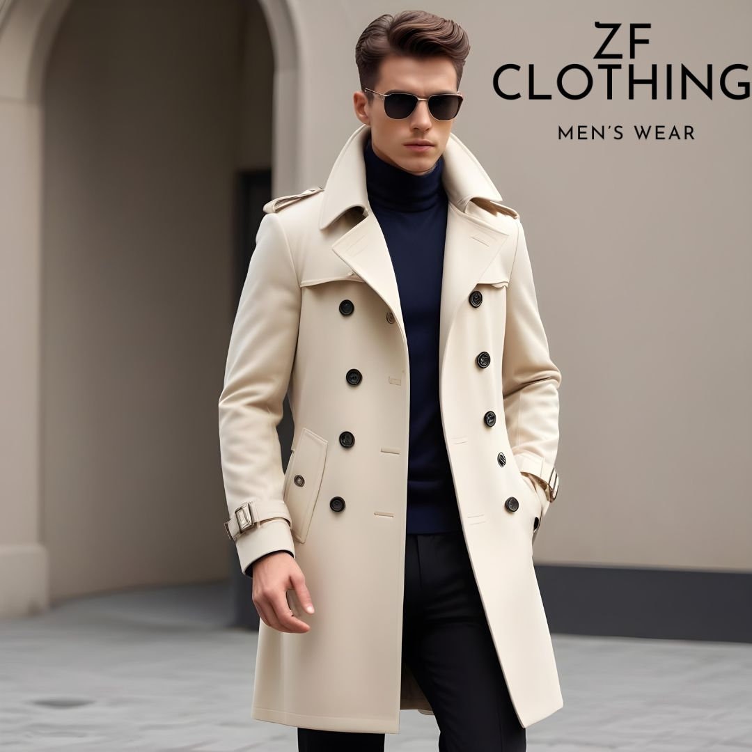 Men's Ivory Wool Trench Coat: Slim Fit Double Breasted Winter Coat