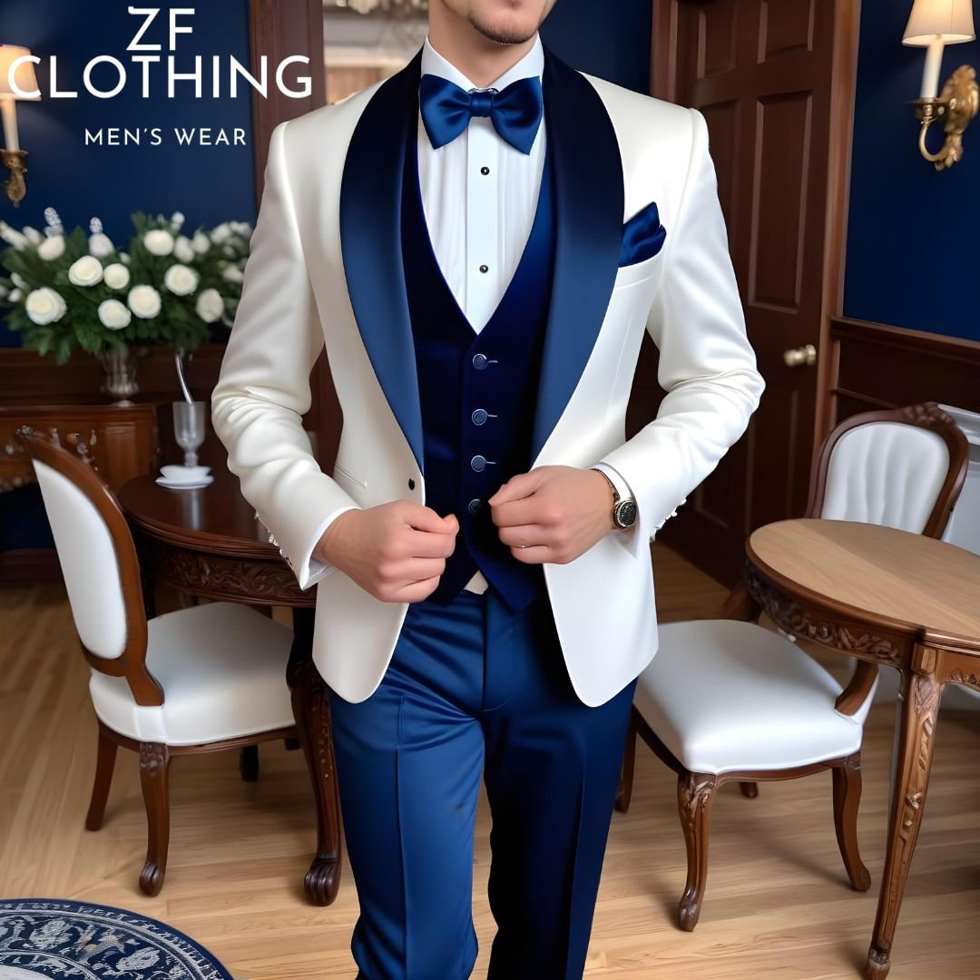 White and Teal Blue Lapel Tuxedo With Vest and Pants - Wedding Groom Suit