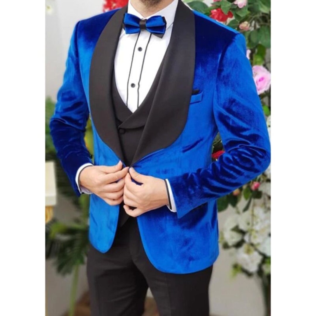 Men Suits Blue 3 Piece Velvet Jacket Slim Fit Elegant Formal Fashion ...