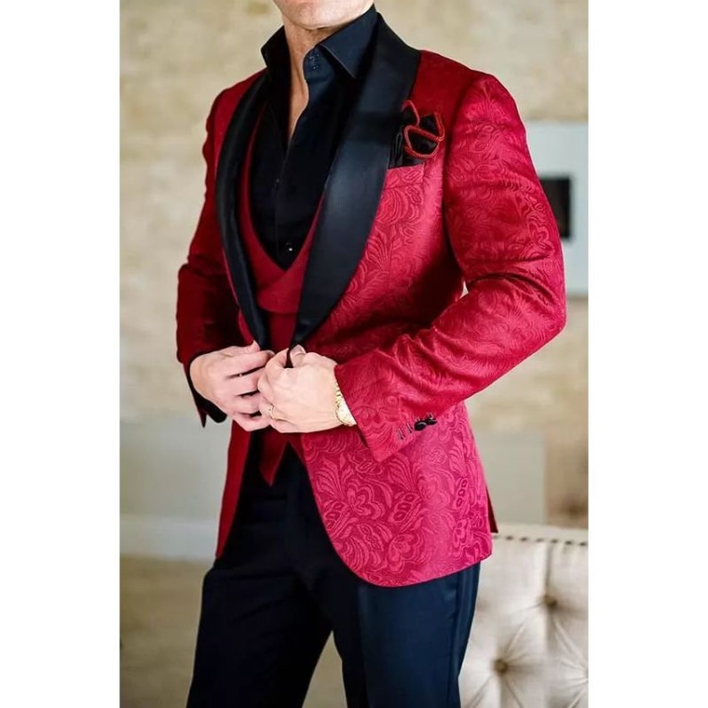Luxury Designer Tuxedo Men Suits 3 Piece Red Floral and Black - Etsy