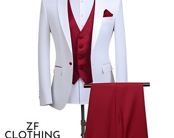 May include: A white suit with a red vest and matching pants. The suit has a shawl collar and a single button closure. The vest has a paisley pattern and the pants have a single pleat.