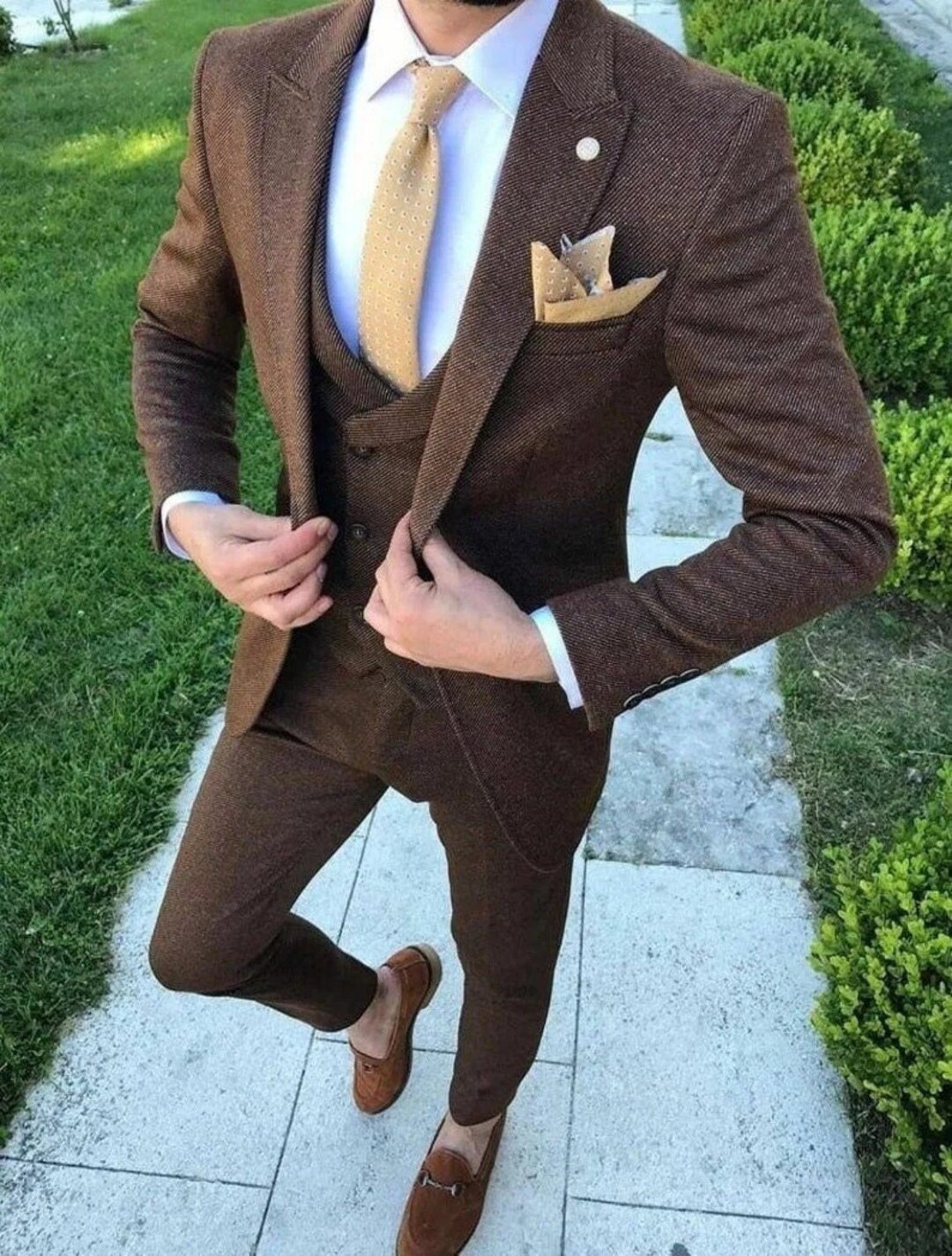 Luxury Men Suits Brown 3 Piece Wool Mix Slim Fit Elegant Formal Fashion