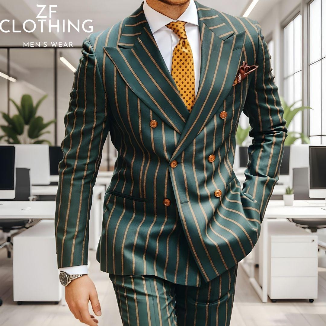 Men's Dark Green Striped Double Breasted Suit: Formal Attire - Etsy
