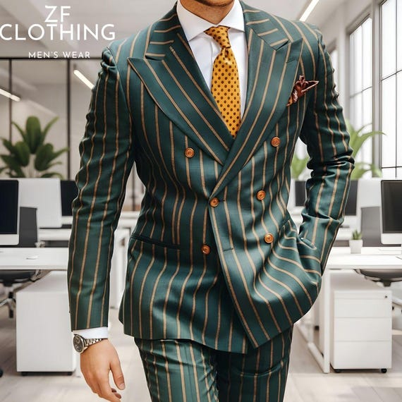 Men's Dark Green Striped Double Breasted Suit: Formal Attire