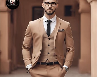 Light Brown 3 Piece Suit: Slim Fit Elegant Wedding Groom Suit