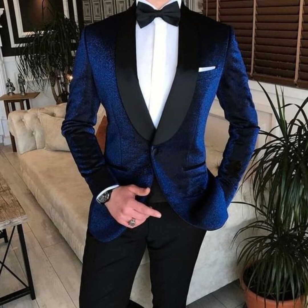 Designer Tuxedo Men Suits 2 Piece Blue Velvet Floral Style Suits ...