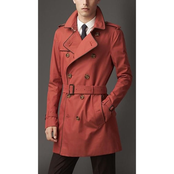 Buy Men Trench Coat Orange Belted Double Breasted Style Slim Fit
