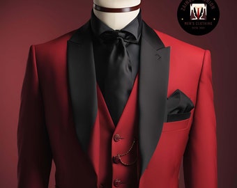 Red Tuxedo Suit: Black Lapel, Slim Fit 3-Piece Wedding Suit