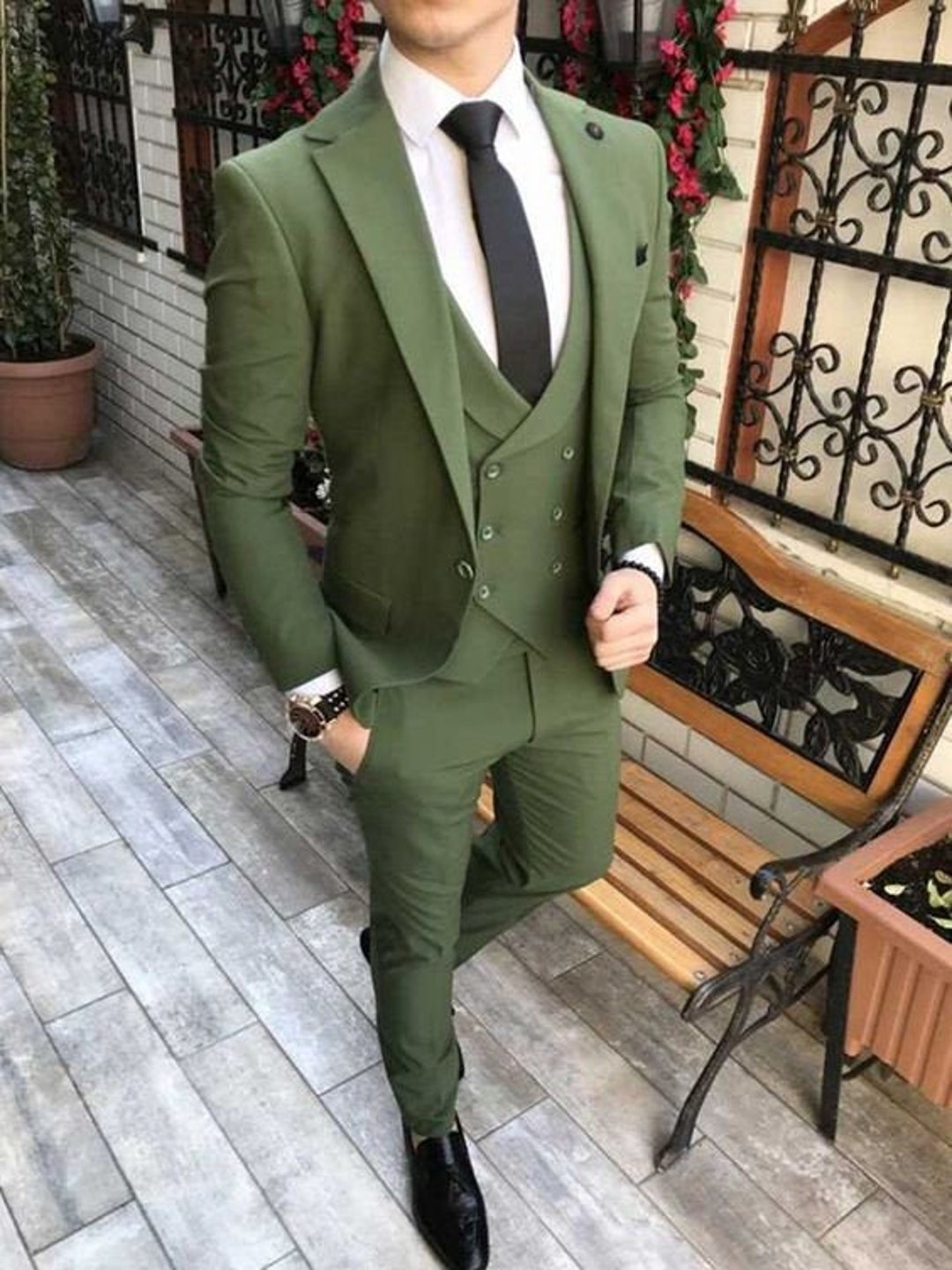 Buy Men Suits Green 3 Piece Slim Fit Formal Fashion Wedding Suit ...