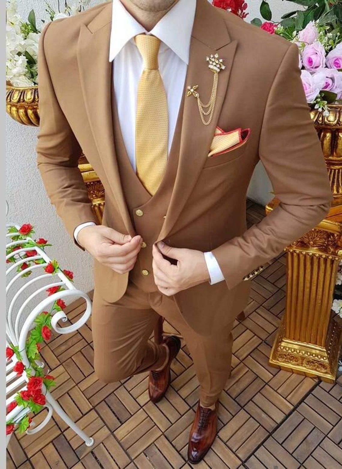 Men Suits Brown 3 Piece Slim Fit Elegant Suit Golden Button Etsy UK