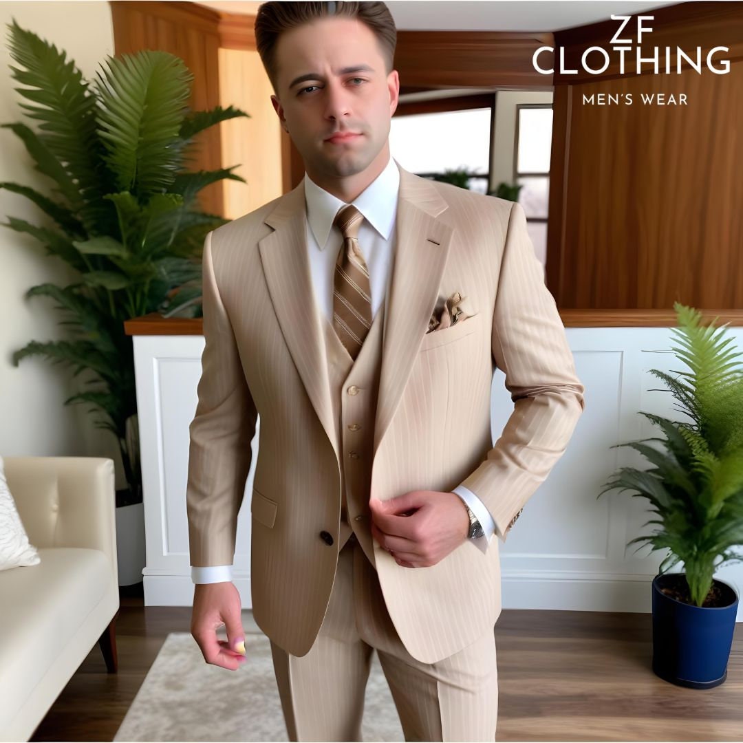 Ivory Pinstriped 3 Piece Suit: Stylish Bespoke Men's Suit - Etsy