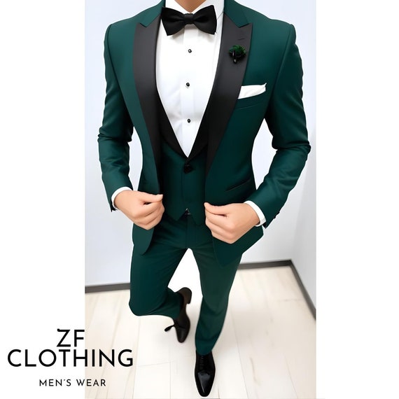 絞り風模様 深緑 スーツ Luxury Designer Green and Black 3 Piece Suits for Men
