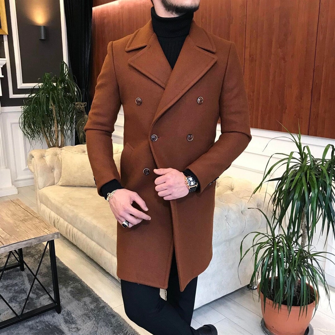 Men Trench Coat Dark Brown Double Breasted Style Slim Fit Party Wear ...