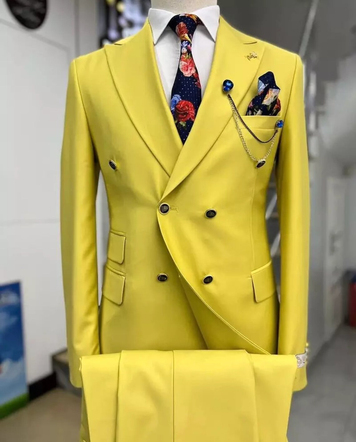 Luxury Men Suits Yellow 2 Piece Double Breasted Slim Fit Etsy