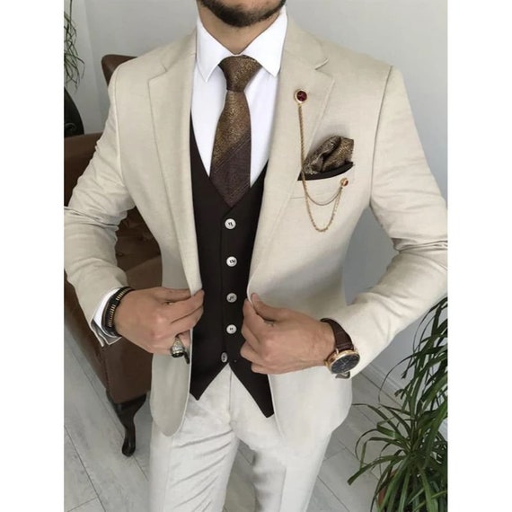 Men Suits Ivory and Brown 3 Piece Slim Fit Elegant Formal - Etsy
