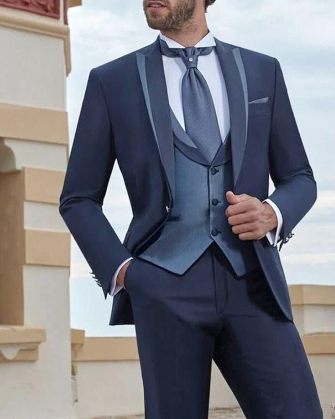 Men Suits 3 Piece Designer Tuxedo Blue and Grey Style Suits - Etsy