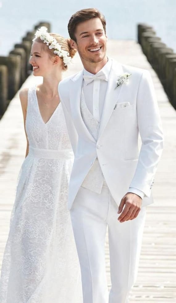 Trajes de hombre blanco de 3 piezas ajustado elegante moda Formal